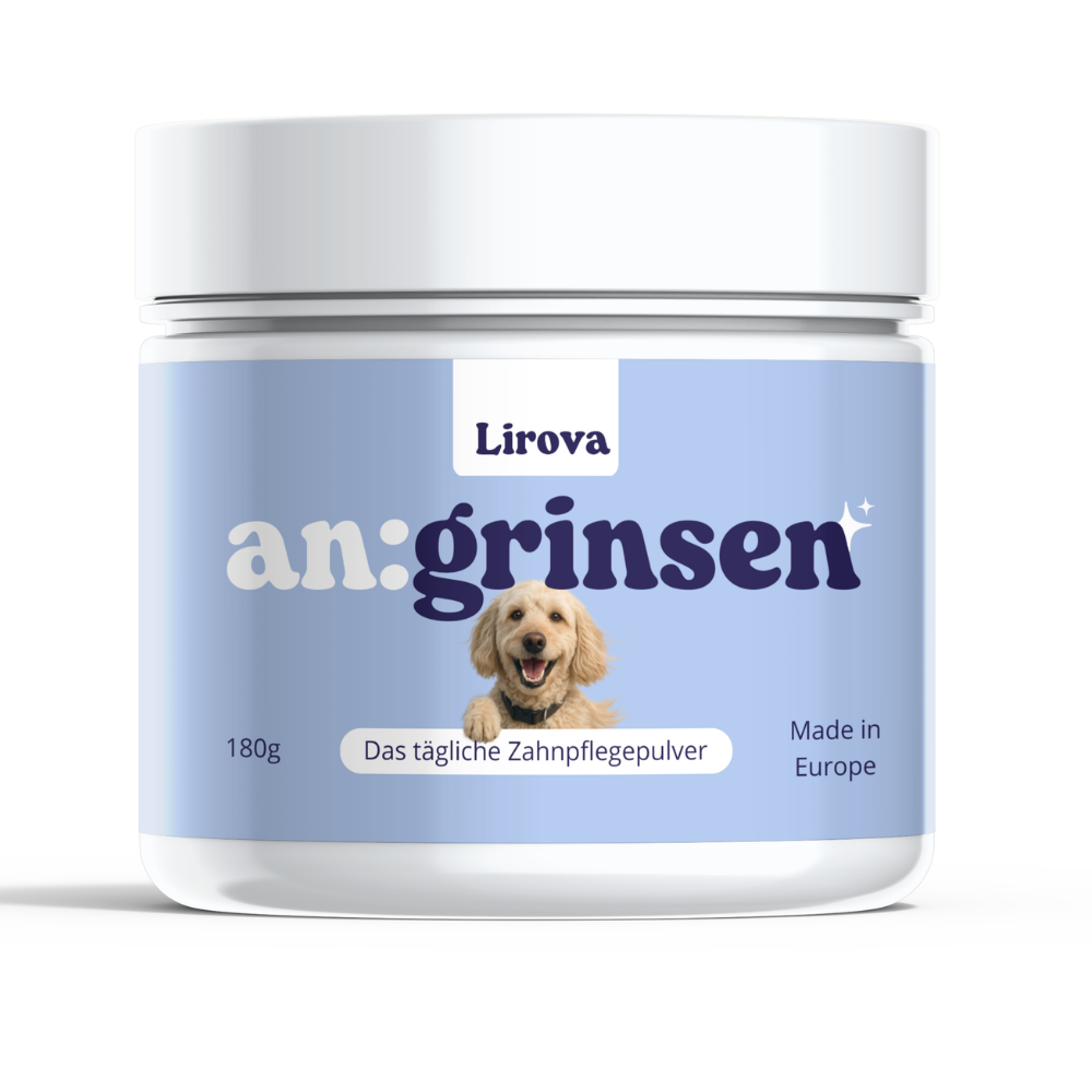 Ergänzungsfuttermittel für Hunde – für deine tägliche Routine rund um Zähne & Maulpflege. Hergestellt in Europa. Ohne Zucker, Laktose oder Gluten. Produktdose weiß