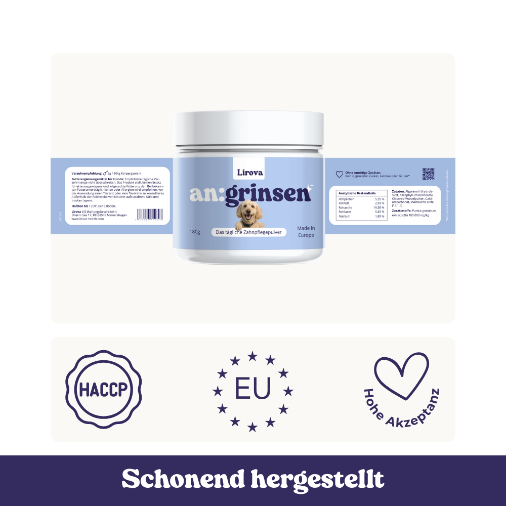 Zertifizierte Herstellung (HACCP), in der EU produziert. Ohne künstliche Zusätze. Entwickelt für hohe Akzeptanz – auch bei sensiblen Hunden.